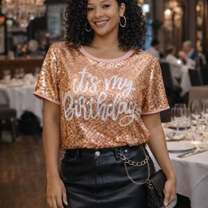 WHY Its My Birthday Champagne Sequin Party Top Blouse Large NWT Glam Chic